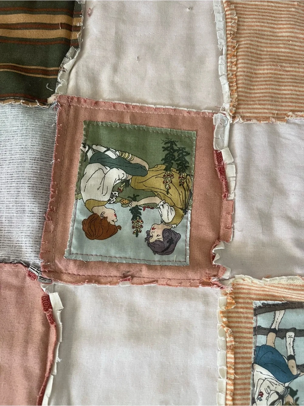 Vintage Handmade Patchwork Rag Crib Quilt Americana Twin Photo Memory Folk Art